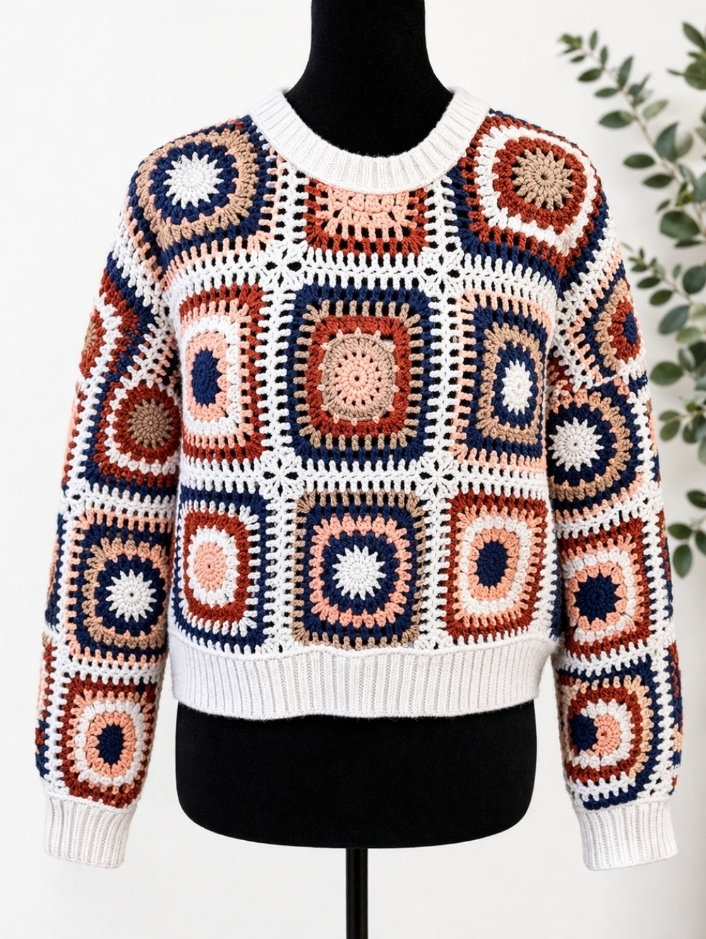 American Eagle XS Crochet Granny Square Boho Cropped Sweater